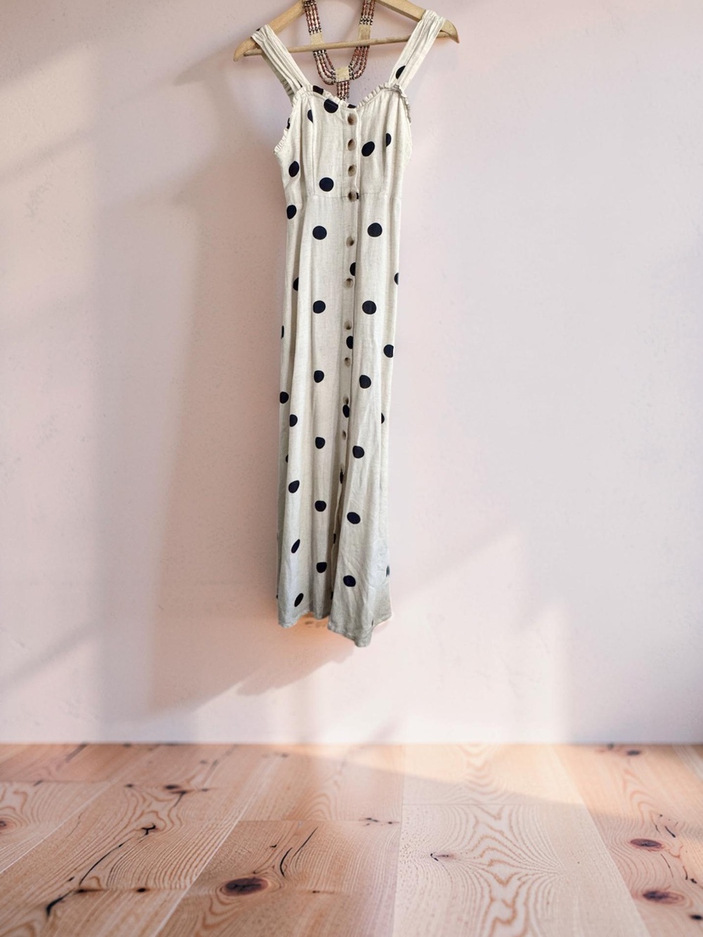 Sincerely Jules Cream PolkaDot,Button-Front,stretch waist, linen blend dress - Picture 2 of 7